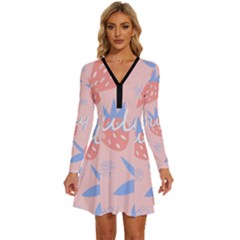 July Summer Strawberry Pink Berry Long Sleeve Deep V Mini Dress  by Grandong