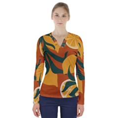 Lemon Citrus Fruit Summer Painting Drawing V-neck Long Sleeve Top by Grandong