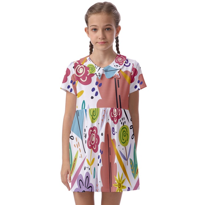 Summer Flowers Spring Background Kids  Asymmetric Collar Dress