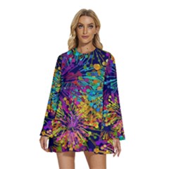 Illustration Graphics Art Round Neck Long Sleeve Bohemian Style Chiffon Mini Dress