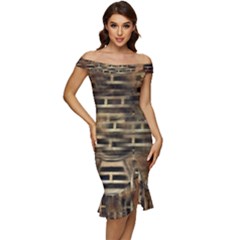 Textures Brown Wood Off Shoulder Ruffle Split Hem Bodycon Dress