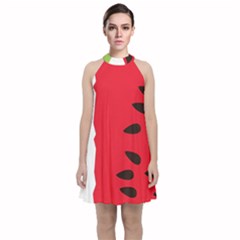 Watermelon Black Green Melon Red Velvet Halter Neckline Dress 