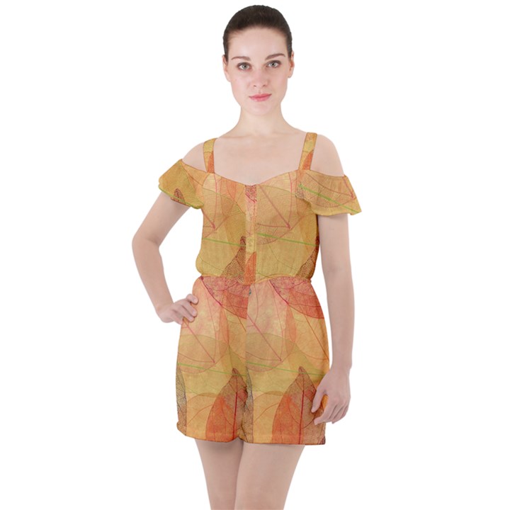 Leaves Patterns Colorful Leaf Pattern Ruffle Cut Out Chiffon Playsuit