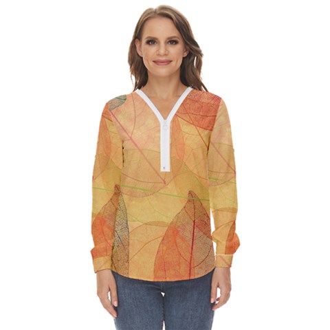 Leaves Patterns Colorful Leaf Pattern Zip Up Long Sleeve Blouse by Cemarart