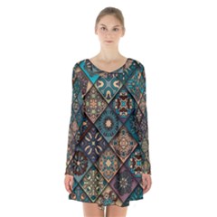 Flower Texture Background Colorful Pattern Long Sleeve Velvet V-neck Dress