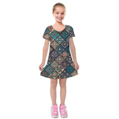 Flower Texture Background Colorful Pattern Kids  Short Sleeve Velvet Dress