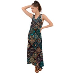 Flower Texture Background Colorful Pattern V-neck Chiffon Maxi Dress by Cemarart