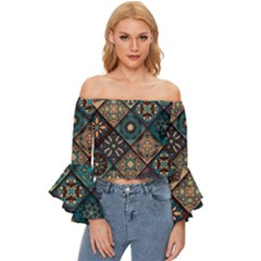 Flower Texture Background Colorful Pattern Off Shoulder Flutter Bell Sleeve Top