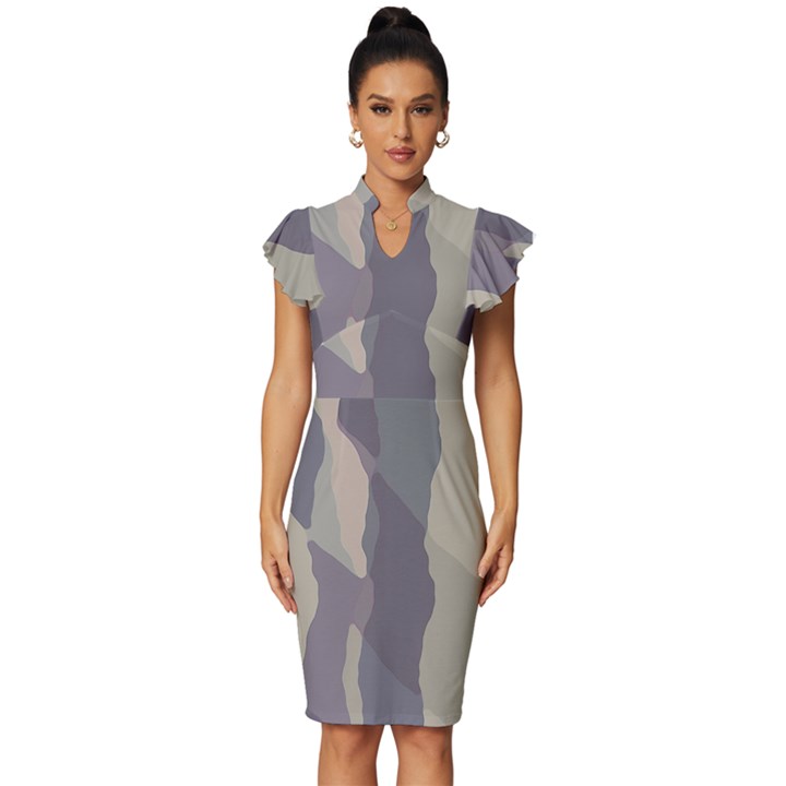 Maximal Camo Print Design Vintage Frill Sleeve V-Neck Bodycon Dress