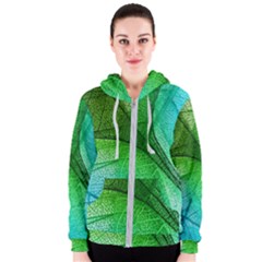 3d Leaves Texture Sheet Blue Green Women s Zipper Hoodie