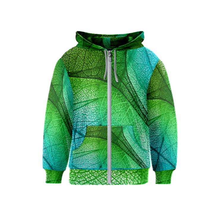 3d Leaves Texture Sheet Blue Green Kids  Zipper Hoodie