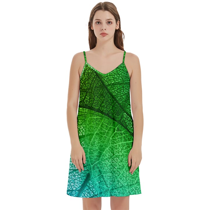 3d Leaves Texture Sheet Blue Green Mini Camis Dress With Pockets