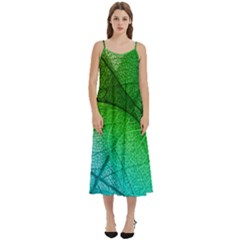 3d Leaves Texture Sheet Blue Green Casual Spaghetti Strap Midi Dress