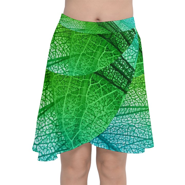 3d Leaves Texture Sheet Blue Green Chiffon Wrap Front Skirt