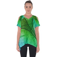 3d Leaves Texture Sheet Blue Green Cut Out Side Drop T-shirt by Cemarart