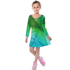 3d Leaves Texture Sheet Blue Green Kids  Long Sleeve Velvet Dress