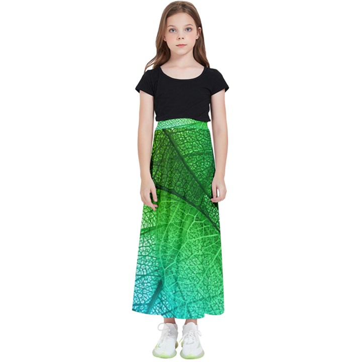 3d Leaves Texture Sheet Blue Green Kids  Flared Maxi Skirt