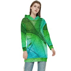 3d Leaves Texture Sheet Blue Green Women s Long Oversized Pullover Hoodie