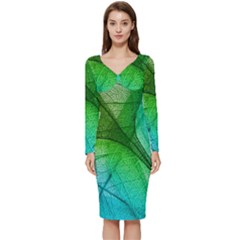 3d Leaves Texture Sheet Blue Green Long Sleeve V-neck Bodycon Dress 