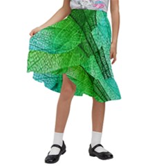 3d Leaves Texture Sheet Blue Green Kids  Ruffle Flared Wrap Midi Skirt by Cemarart