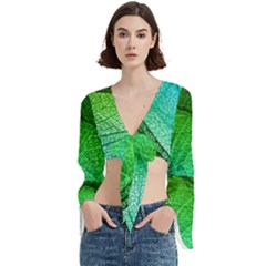 3d Leaves Texture Sheet Blue Green Trumpet Sleeve Cropped Top