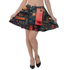 Tech Technology Pattern Velvet Skater Skirt