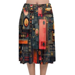 Tech Technology Pattern Velvet Flared Midi Skirt