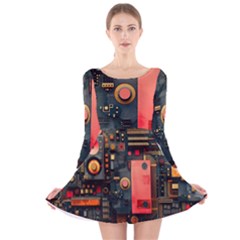 Tech Technology Pattern Long Sleeve Velvet Skater Dress