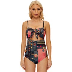 Tech Technology Pattern Knot Front One-piece Swimsuit by Salmanaz77