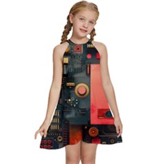 Tech Technology Pattern Kids  Halter Collar Waist Tie Chiffon Dress by Salmanaz77