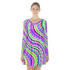 Neon Trippy Swirls Twirls Design Long Sleeve Velvet V-neck Dress