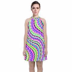 Neon Trippy Swirls Twirls Design Velvet Halter Neckline Dress 