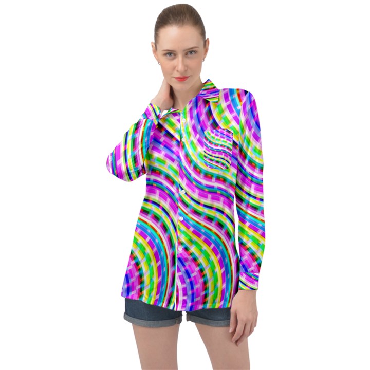 Neon Trippy Swirls Twirls Design Long Sleeve Satin Shirt