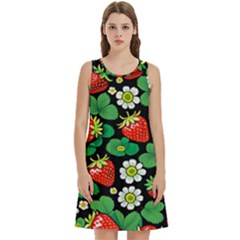 Strawberries Pattern Round Neck Sleeve Casual Dress With Pockets