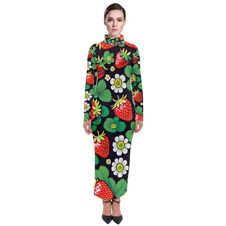 Strawberries Pattern Turtleneck Maxi Dress