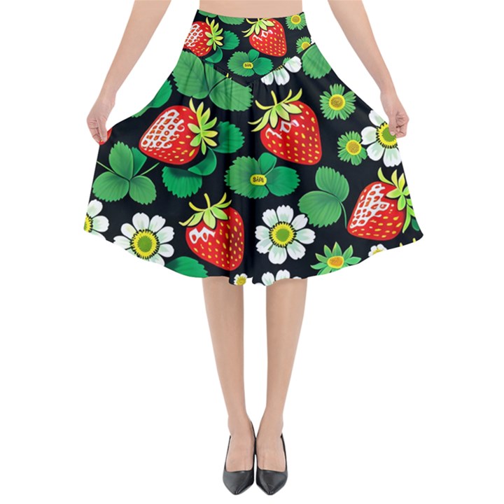 Strawberries Pattern Flared Midi Skirt