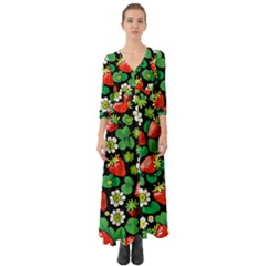 Strawberries Pattern Button Up Boho Maxi Dress by Salmanaz77