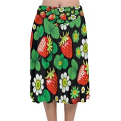 Strawberries Pattern Velvet Flared Midi Skirt