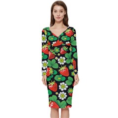 Strawberries Pattern Long Sleeve V-neck Bodycon Dress  by Salmanaz77