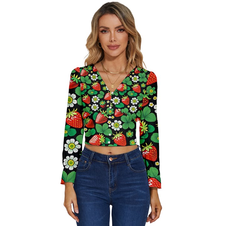 Strawberries Pattern Long Sleeve V-Neck Top