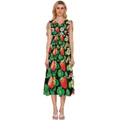 Strawberries Pattern V-neck Drawstring Shoulder Sleeveless Maxi Dress by Salmanaz77