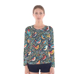 Birds Pattern Flowers Whimsical Women s Long Sleeve T-shirt