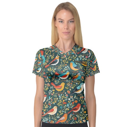 Birds Pattern Flowers Whimsical V-neck Sport Mesh T-shirt by Salmanaz77