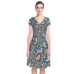 Birds Pattern Flowers Whimsical Short Sleeve Front Wrap Dress by Salmanaz77