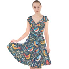 Birds Pattern Flowers Whimsical Cap Sleeve Front Wrap Midi Dress by Salmanaz77