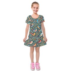 Birds Pattern Flowers Whimsical Kids  Short Sleeve Velvet Dress