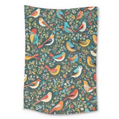 Birds Pattern Flowers Whimsical Large Tapestry