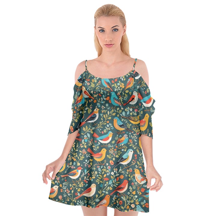 Birds Pattern Flowers Whimsical Cutout Spaghetti Strap Chiffon Dress