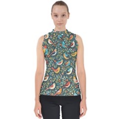 Birds Pattern Flowers Whimsical Mock Neck Shell Top by Salmanaz77