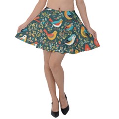 Birds Pattern Flowers Whimsical Velvet Skater Skirt